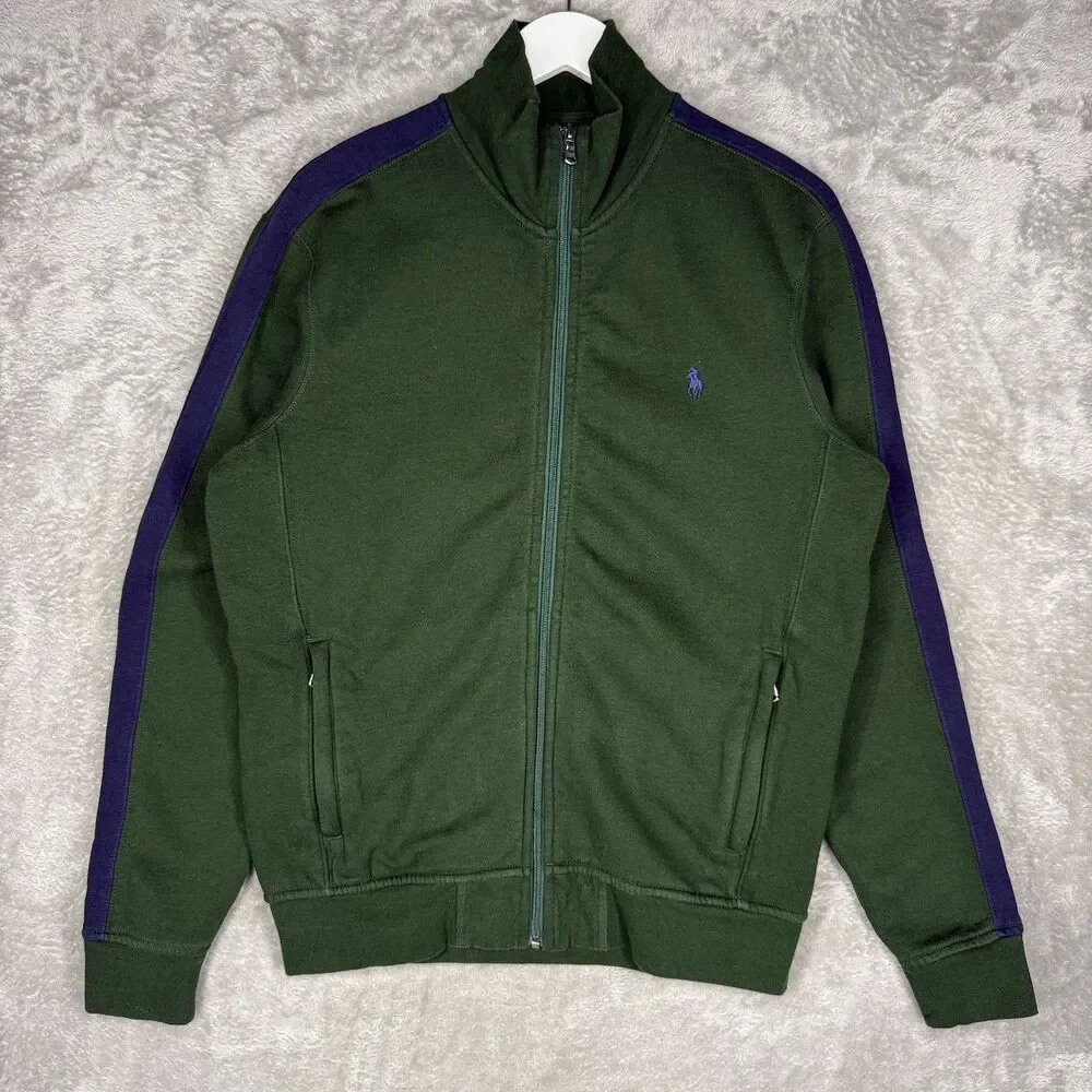 Polo Ralph Lauren Track Jacket Mens Medium Green Blue Stripe Full Zip Mock Neck